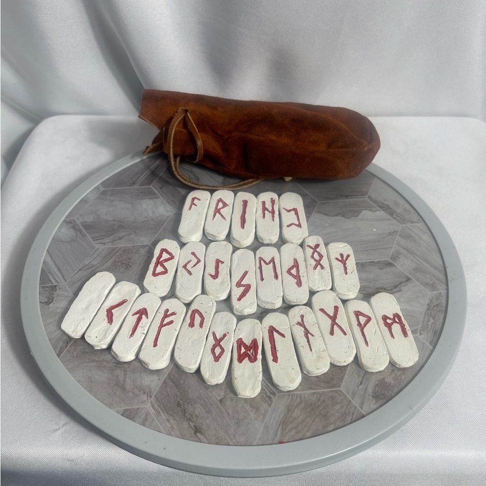White Rune Stones with Brown Suede Pouch Meditation Gift Elder Futhark
